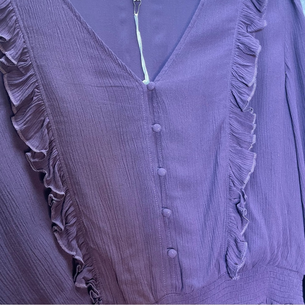 Garnet Hill Ruffle Crepe Plum Purple Peasant Long Sleeve Midi Dress Large - Picture 7 of 10